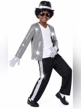 Silver Sequin Look Kids Dance Jacket Costume with Hat and Gloves 8-10 yrs